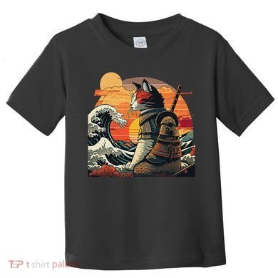 Japanese Retro Samurai Cat The Great Wave By Hokusai Toddler T-Shirt