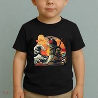 Japanese Retro Samurai Cat The Great Wave By Hokusai Toddler T-Shirt thumb 2