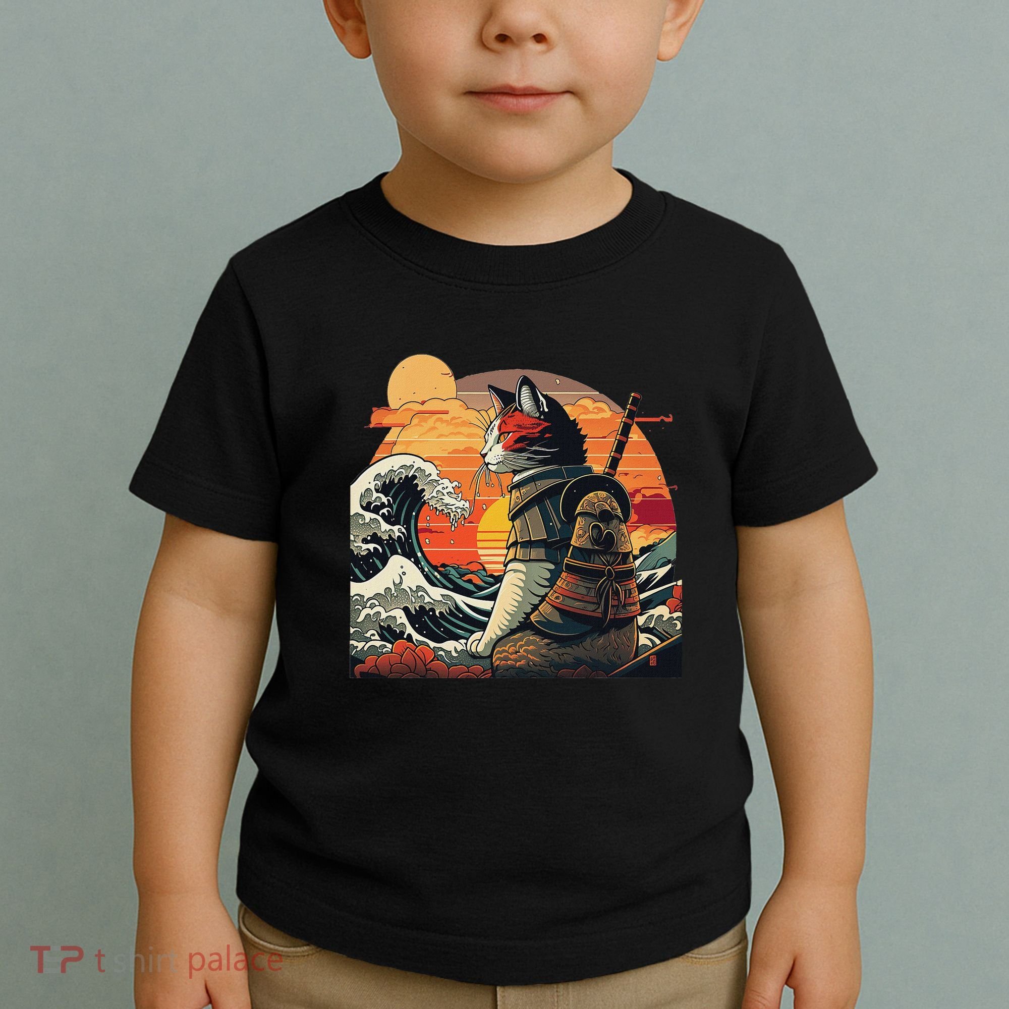 Japanese Retro Samurai Cat The Great Wave By Hokusai Toddler T-Shirt