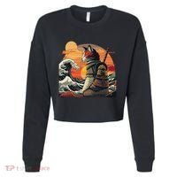Japanese Retro Samurai Cat The Great Wave By Hokusai Cropped Pullover Crew thumb 0