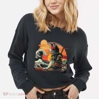 Japanese Retro Samurai Cat The Great Wave By Hokusai Cropped Pullover Crew thumb 2