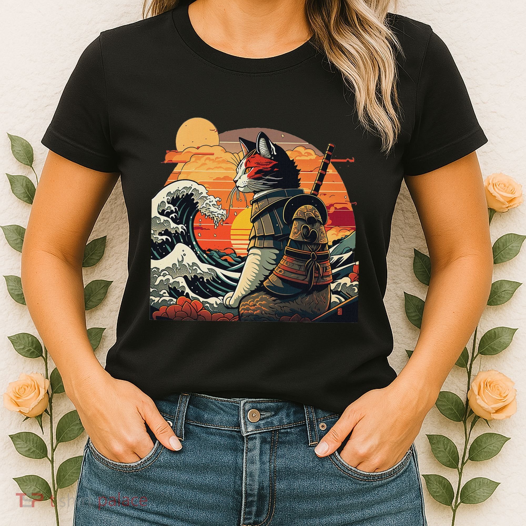 Japanese Retro Samurai Cat The Great Wave By Hokusai Women's T-Shirt