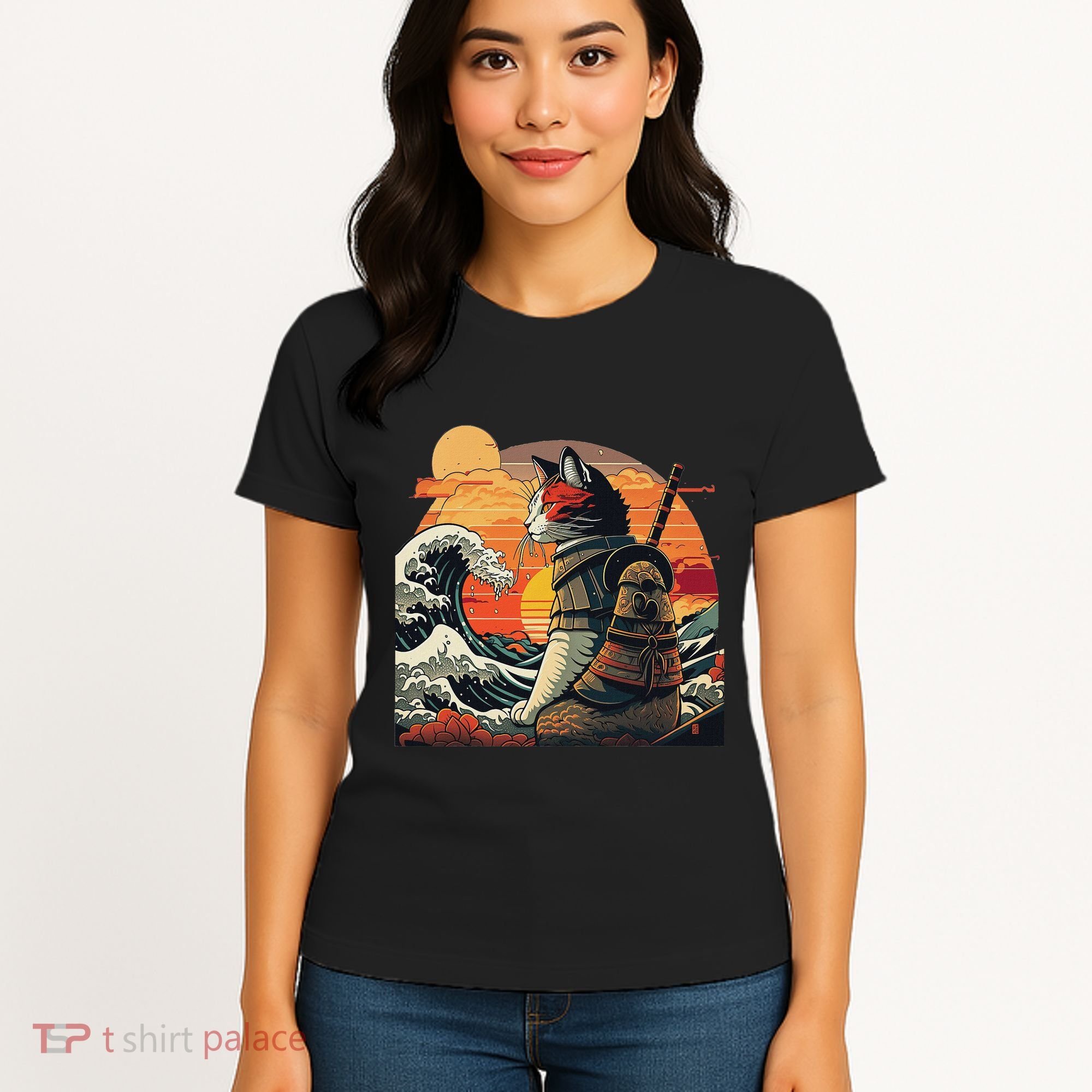Japanese Retro Samurai Cat The Great Wave By Hokusai Women's T-Shirt