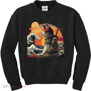 Japanese Retro Samurai Cat The Great Wave By Hokusai Kids Sweatshirt
