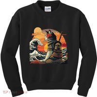 Japanese Retro Samurai Cat The Great Wave By Hokusai Kids Sweatshirt thumb 0