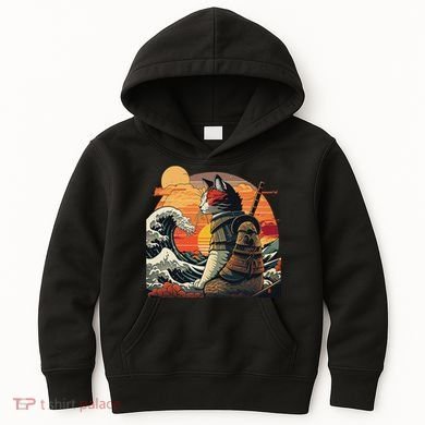 Japanese Retro Samurai Cat The Great Wave By Hokusai Kids Hoodie