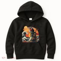 Japanese Retro Samurai Cat The Great Wave By Hokusai Kids Hoodie thumb 0