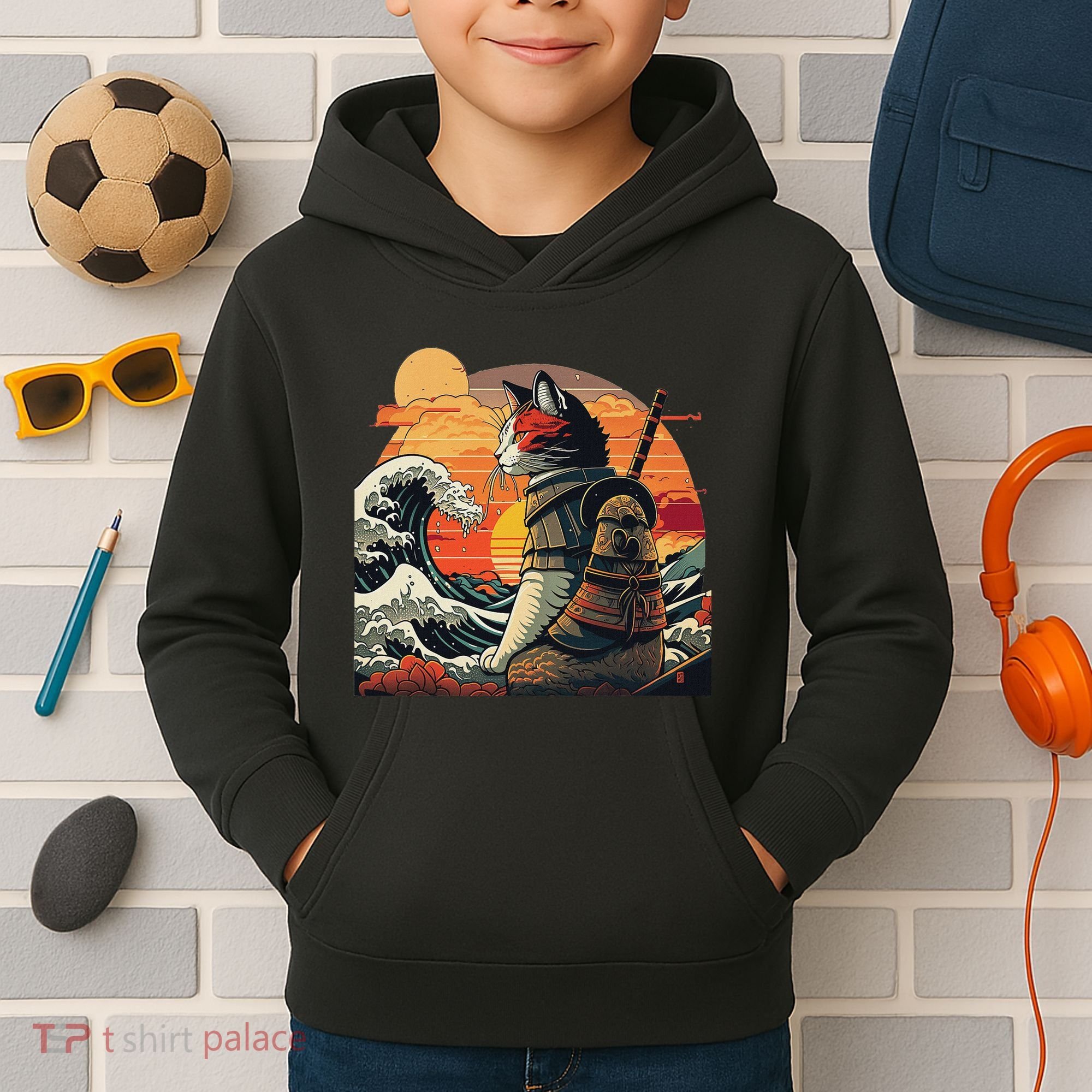Japanese Retro Samurai Cat The Great Wave By Hokusai Kids Hoodie