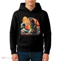 Japanese Retro Samurai Cat The Great Wave By Hokusai Kids Hoodie thumb 4