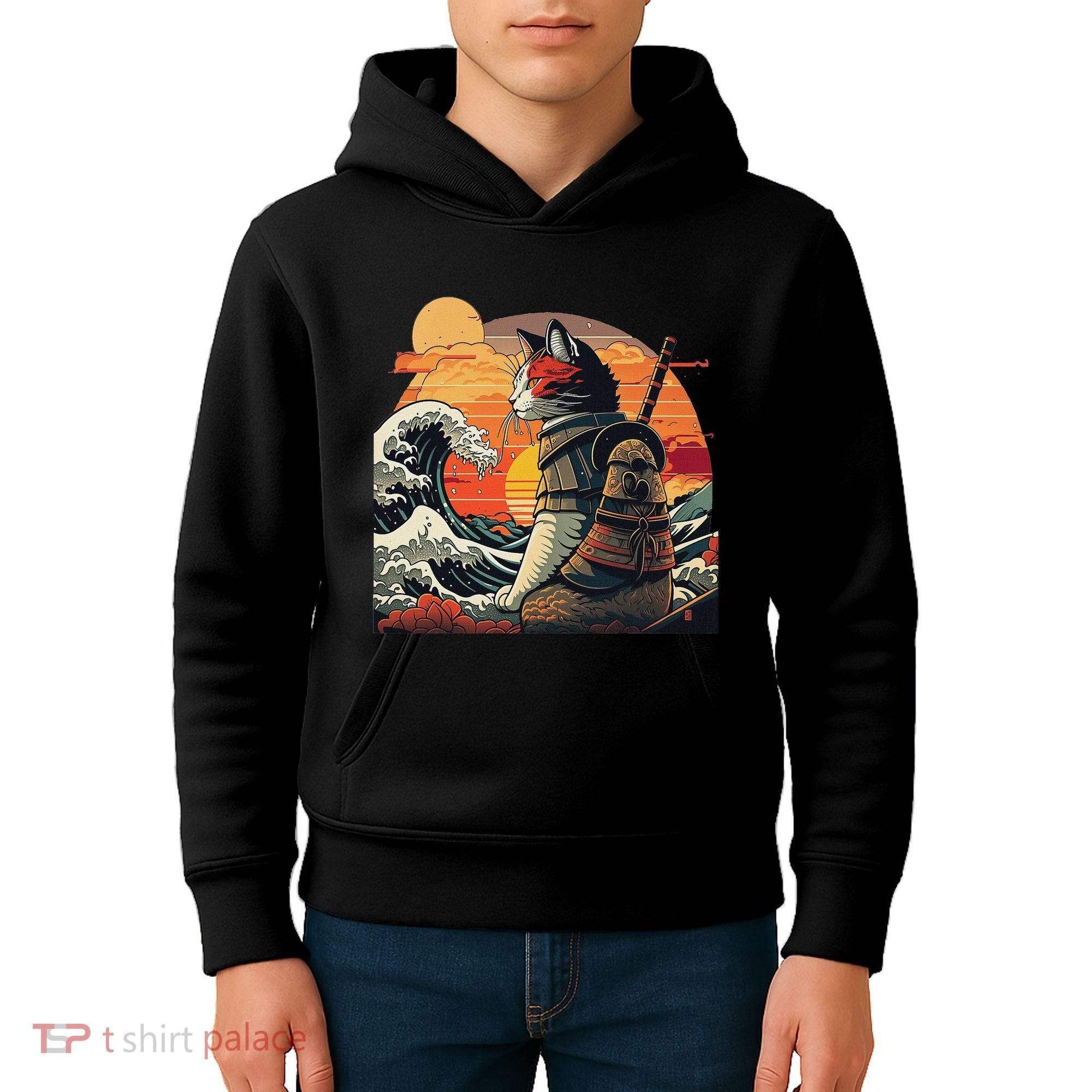 Japanese Retro Samurai Cat The Great Wave By Hokusai Kids Hoodie