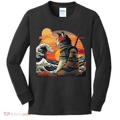 Japanese Retro Samurai Cat The Great Wave By Hokusai Kids Long Sleeve Shirt