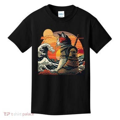 Japanese Retro Samurai Cat The Great Wave By Hokusai Kids T-Shirt