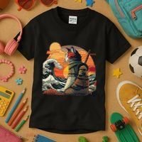 Japanese Retro Samurai Cat The Great Wave By Hokusai Kids T-Shirt thumb 3