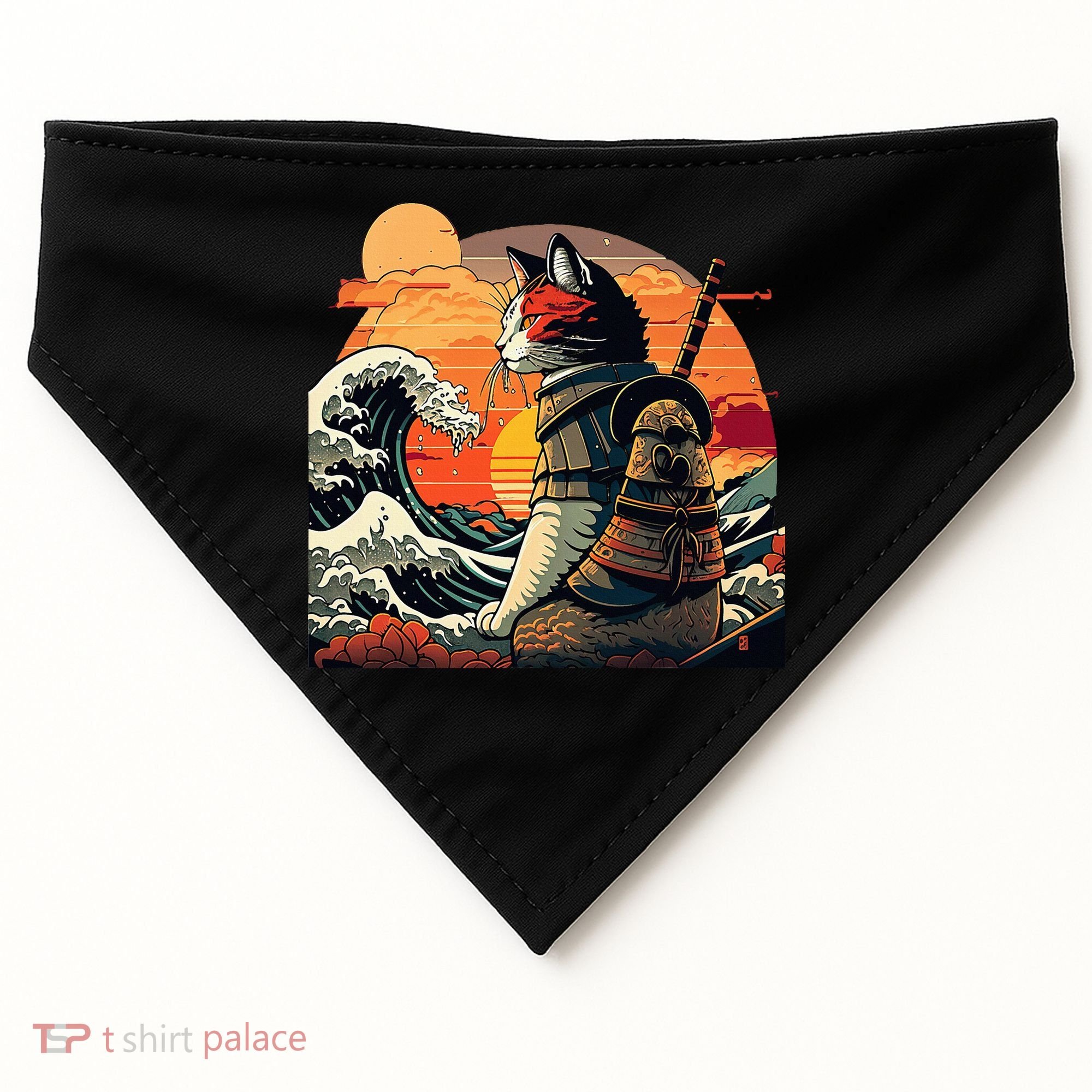 Japanese Retro Samurai Cat The Great Wave By Hokusai USA-Made Doggie Bandana