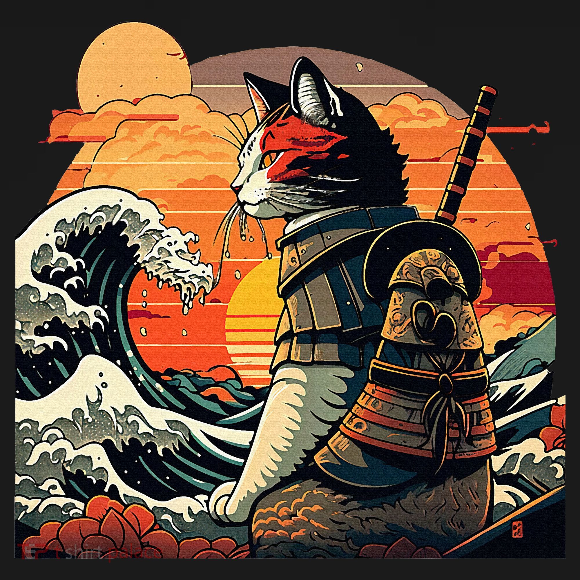 Japanese Retro Samurai Cat The Great Wave By Hokusai Pajama Set