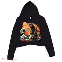 Japanese Retro Samurai Cat The Great Wave By Hokusai Crop Fleece Hoodie thumb 0