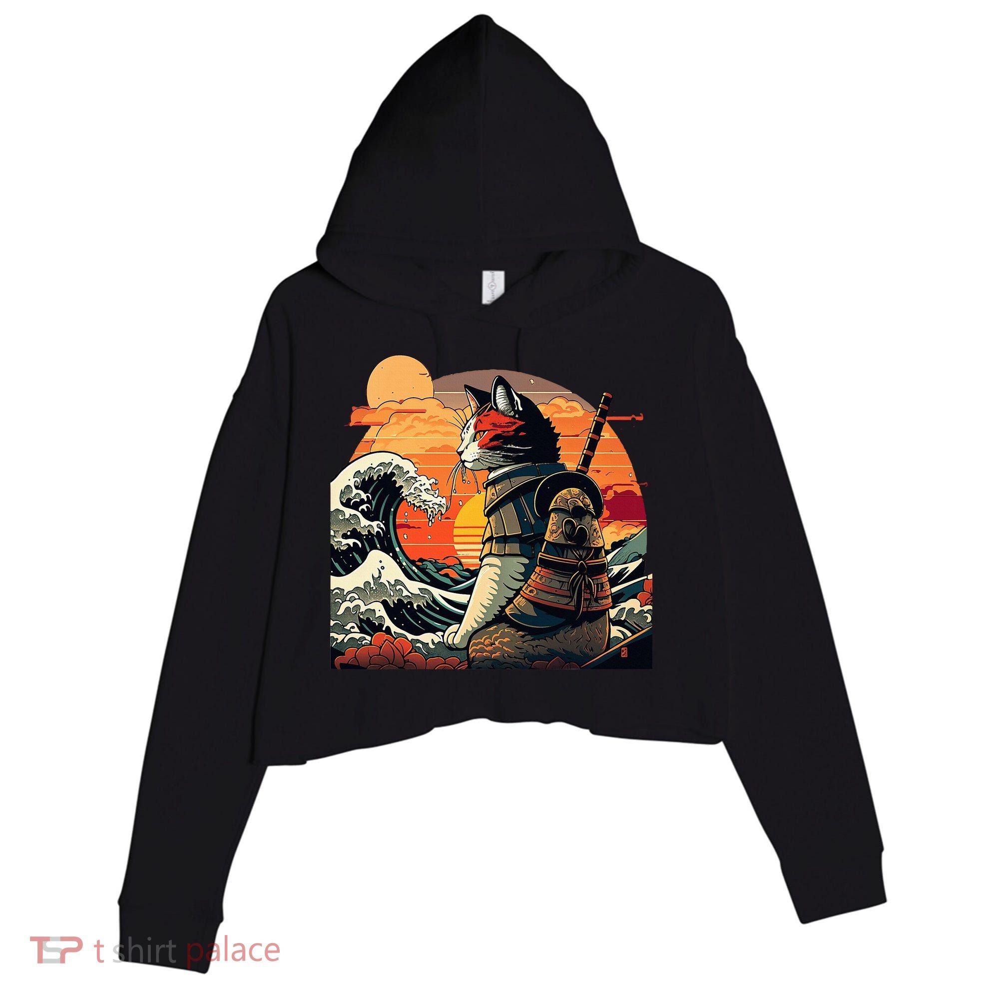 Japanese Retro Samurai Cat The Great Wave By Hokusai Crop Fleece Hoodie