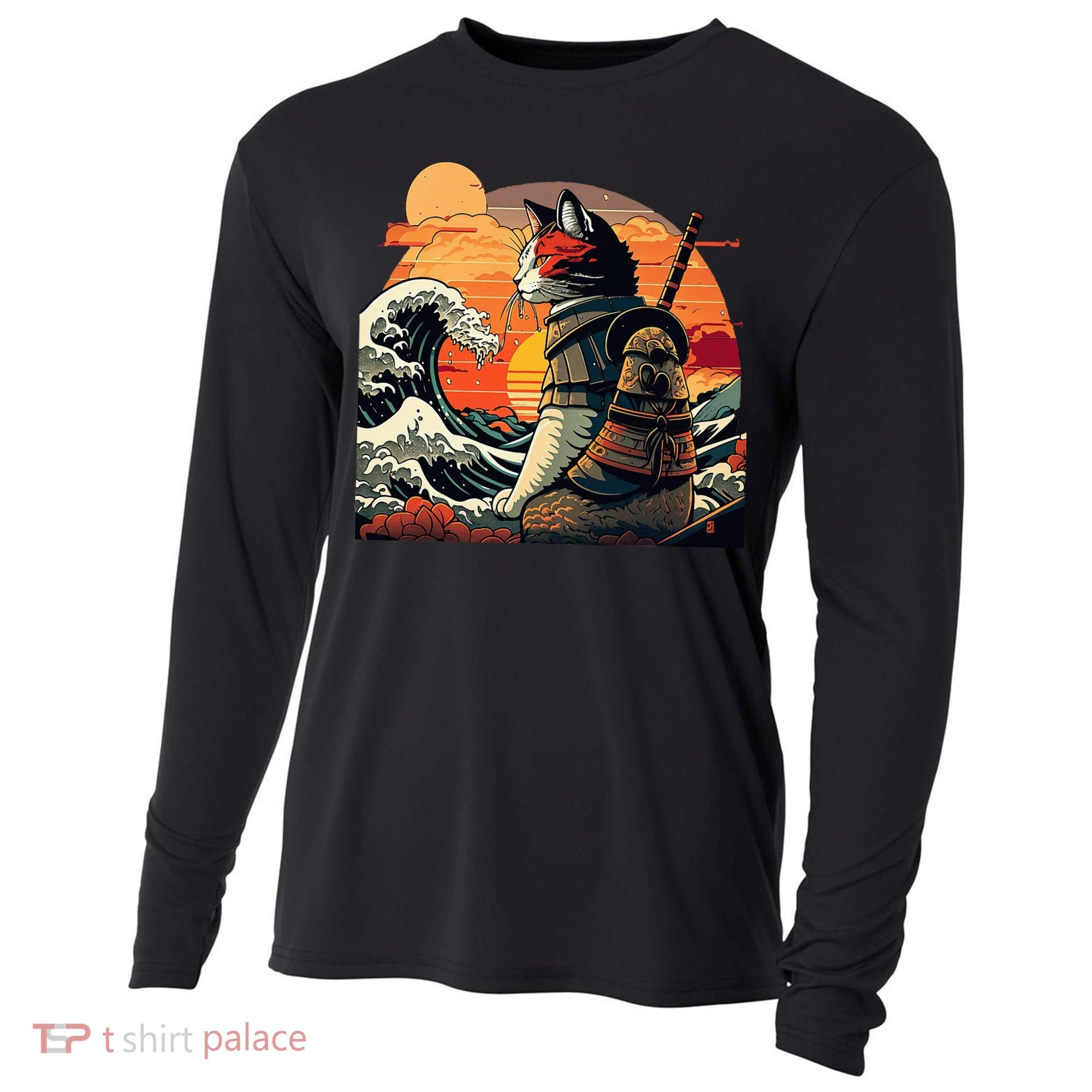 Japanese Retro Samurai Cat The Great Wave By Hokusai Cooling Performance Long Sleeve Crew