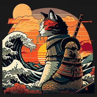 Japanese Retro Samurai Cat The Great Wave By Hokusai Ornament