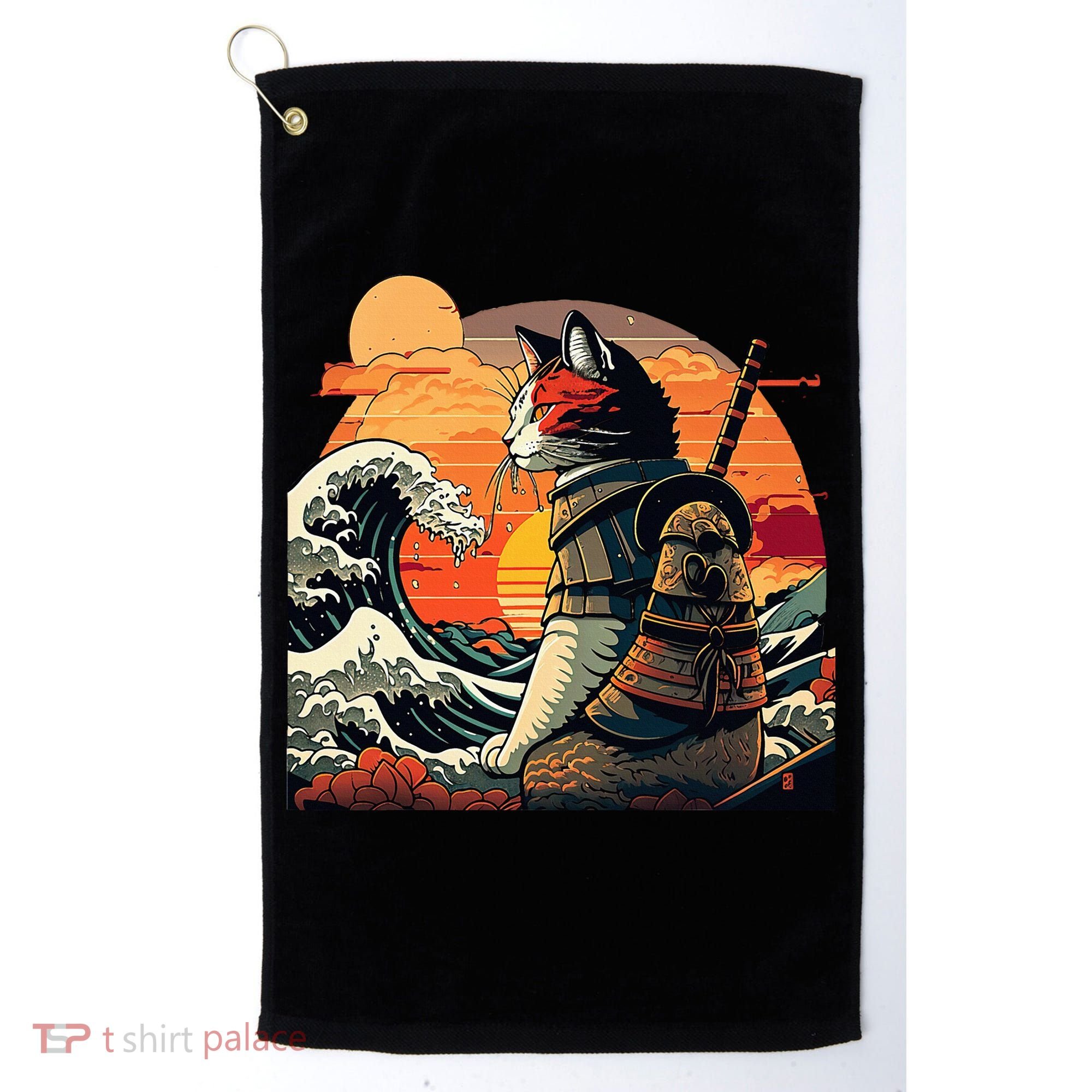 Japanese Retro Samurai Cat The Great Wave By Hokusai Golf Towel