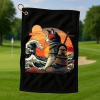 Japanese Retro Samurai Cat The Great Wave By Hokusai Golf Towel thumb 1
