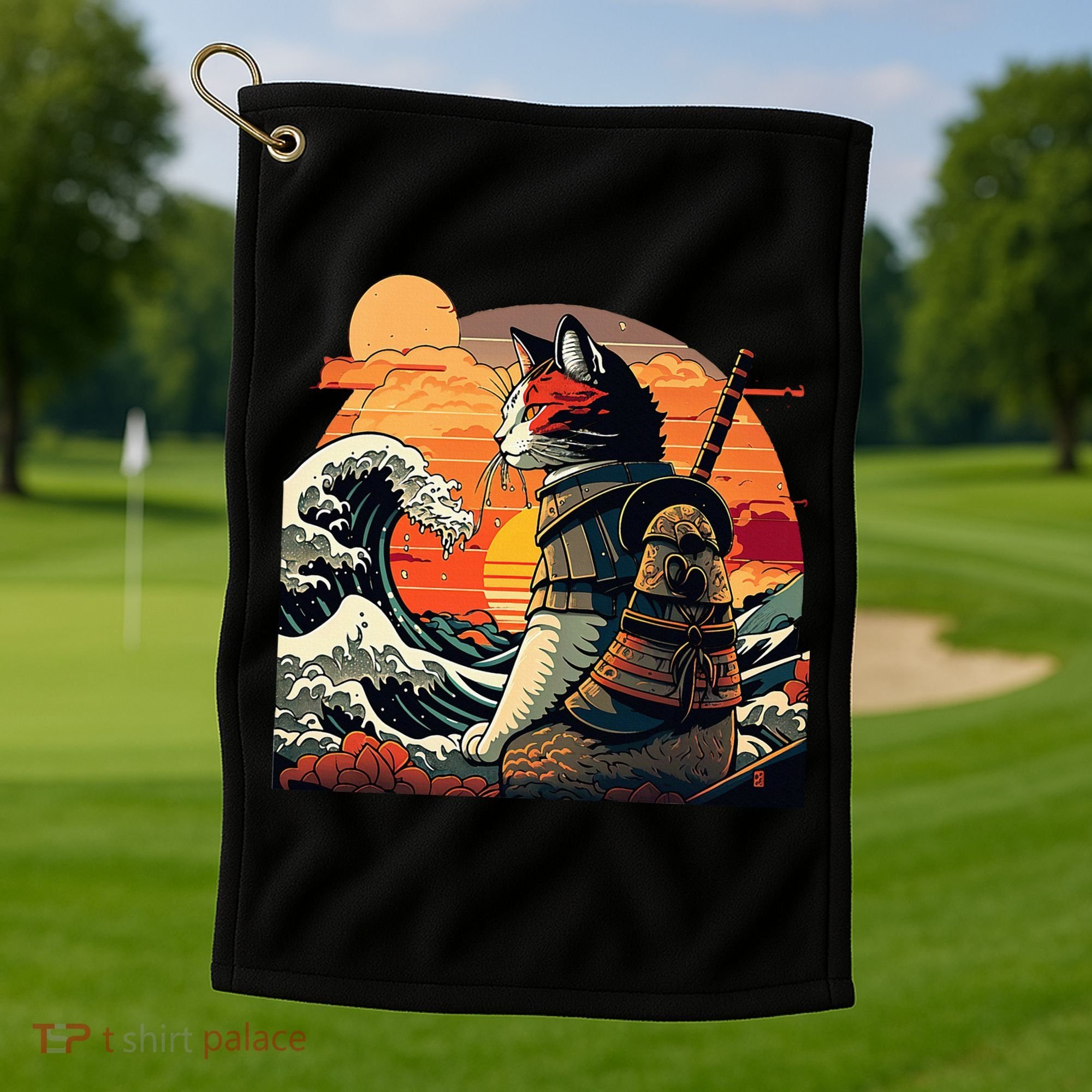 Japanese Retro Samurai Cat The Great Wave By Hokusai Golf Towel