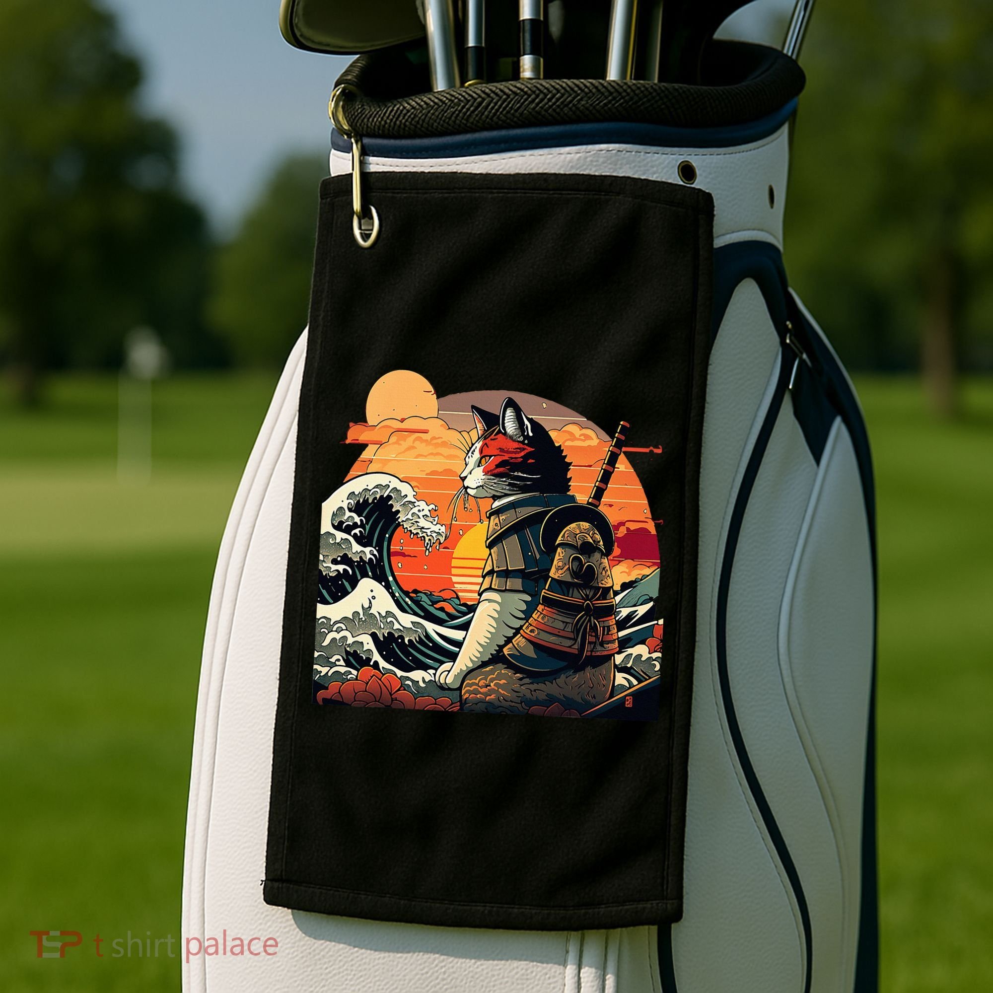 Japanese Retro Samurai Cat The Great Wave By Hokusai Golf Towel