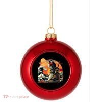 Japanese Retro Samurai Cat The Great Wave By Hokusai Plastic Christmas Ball Ornament thumb 0