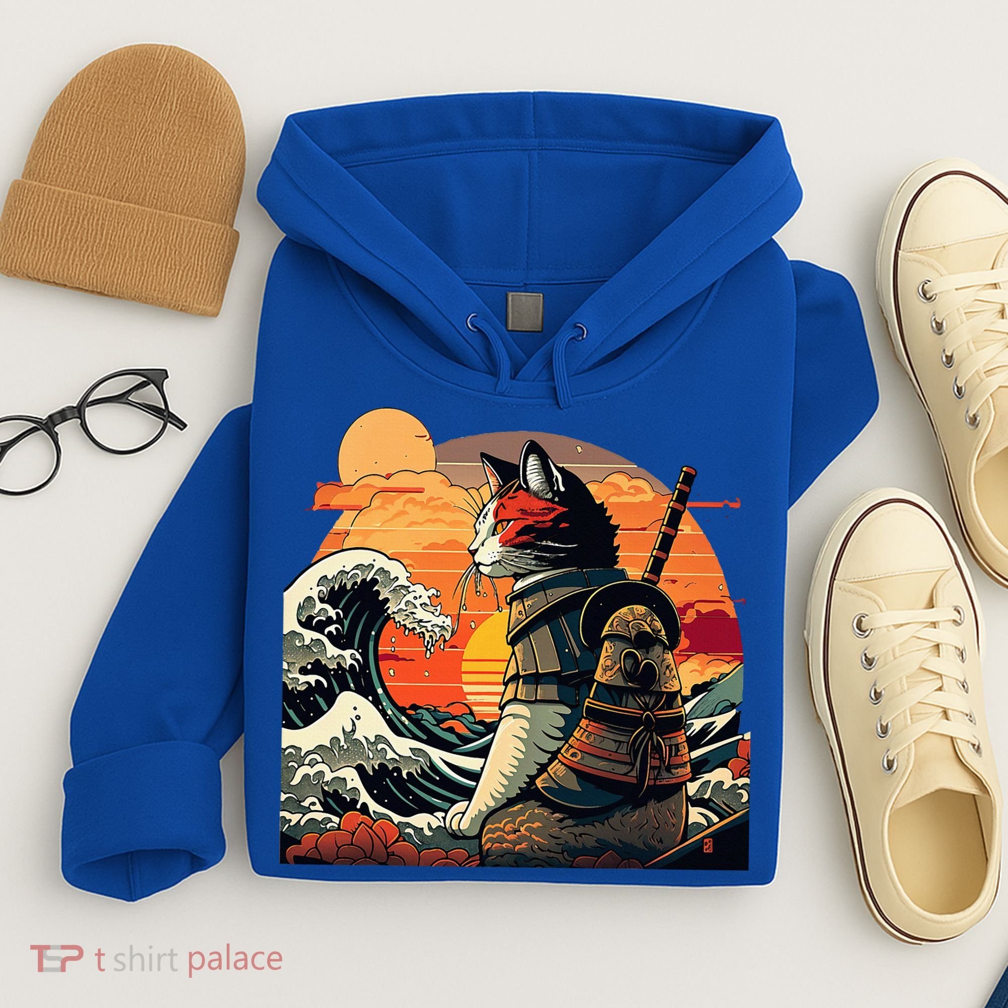 Japanese Retro Samurai Cat The Great Wave By Hokusai Hoodie