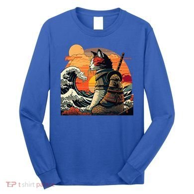 Japanese Retro Samurai Cat The Great Wave By Hokusai Long Sleeve Shirt