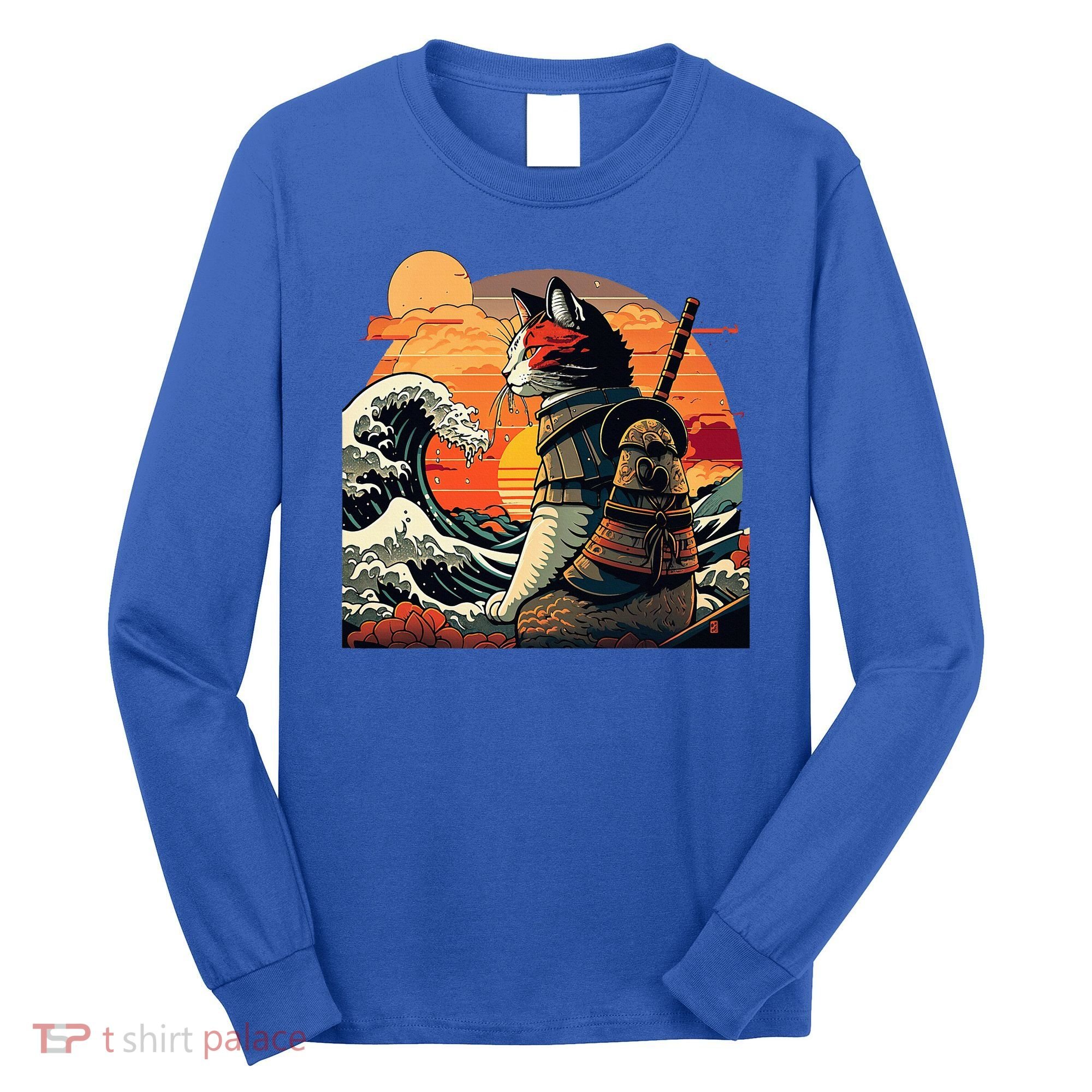 Japanese Retro Samurai Cat The Great Wave By Hokusai Long Sleeve Shirt