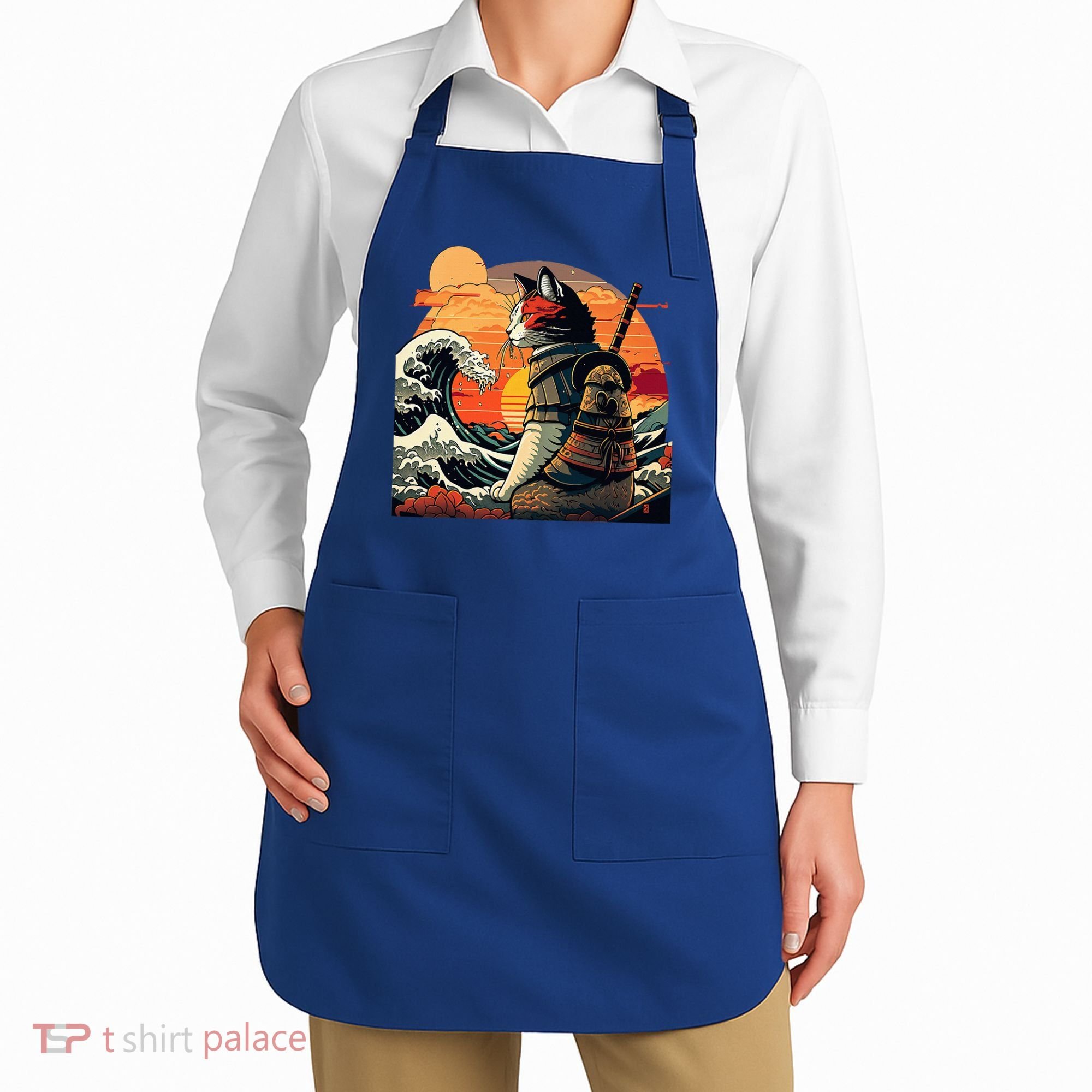Japanese Retro Samurai Cat The Great Wave By Hokusai Apron