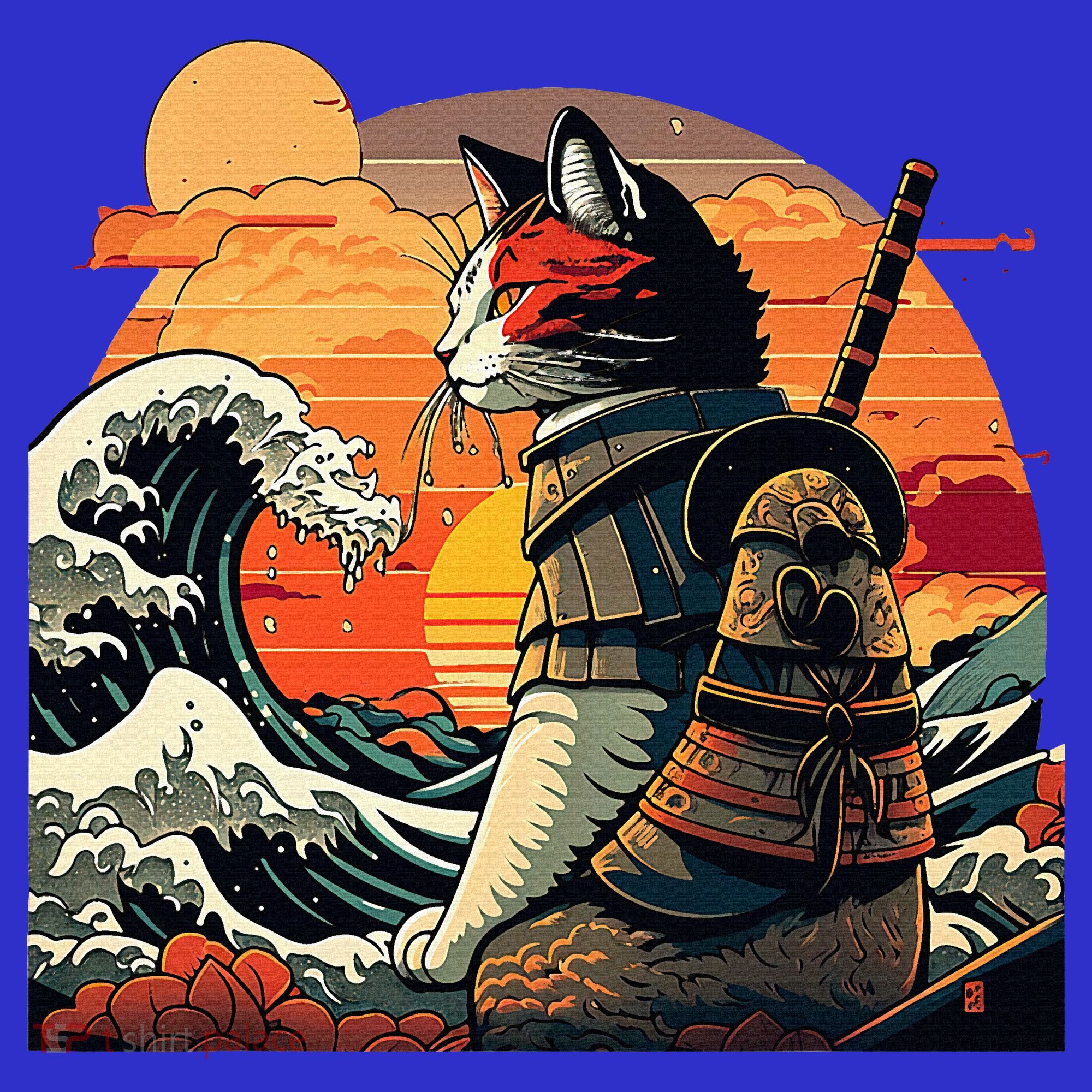 Japanese Retro Samurai Cat The Great Wave By Hokusai Apron