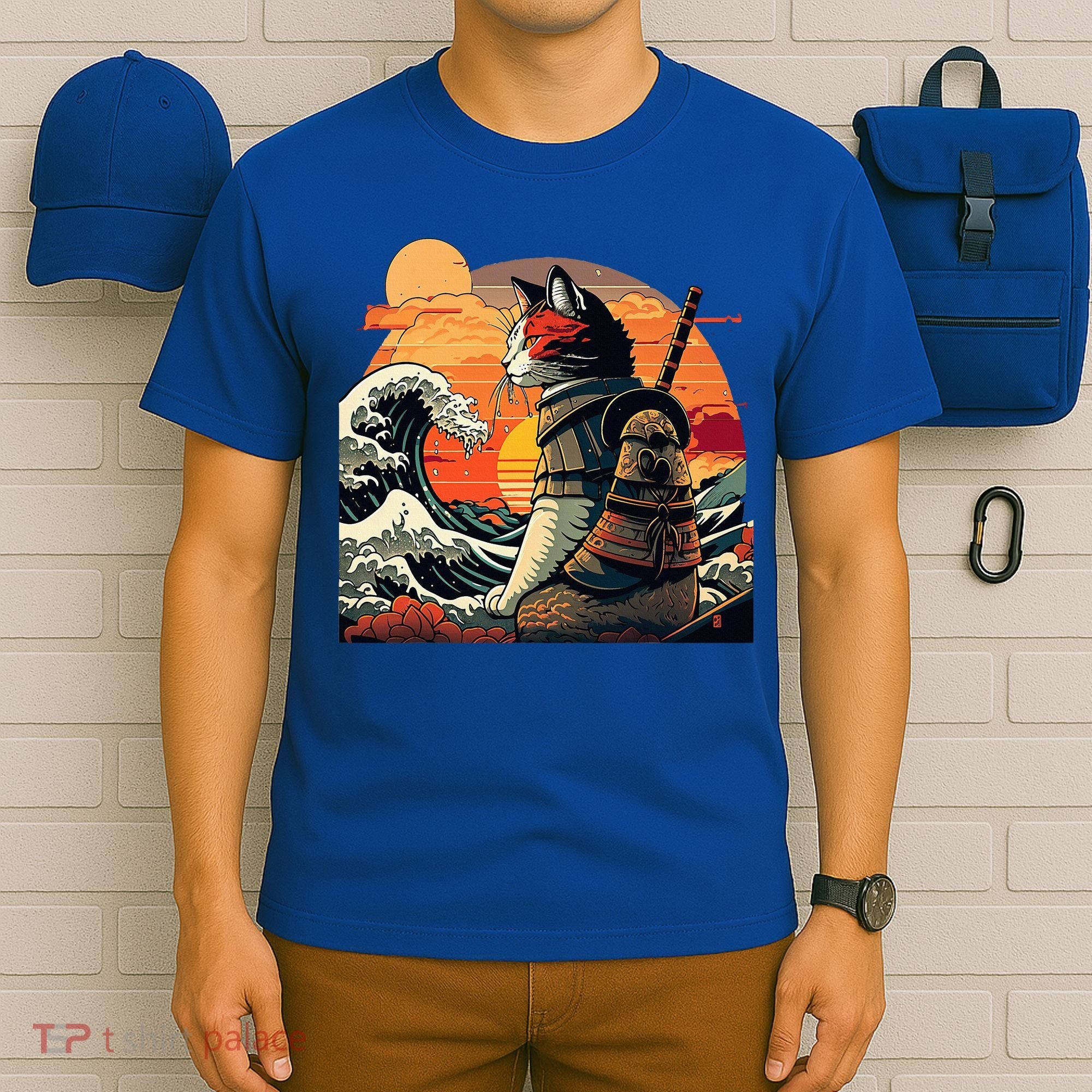 Japanese Retro Samurai Cat The Great Wave By Hokusai T-Shirt