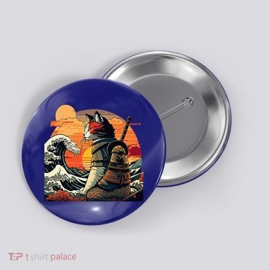 Japanese Retro Samurai Cat The Great Wave By Hokusai Button