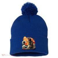 Japanese Retro Samurai Cat The Great Wave By Hokusai Pom Pom 12in Knit Beanie thumb 0