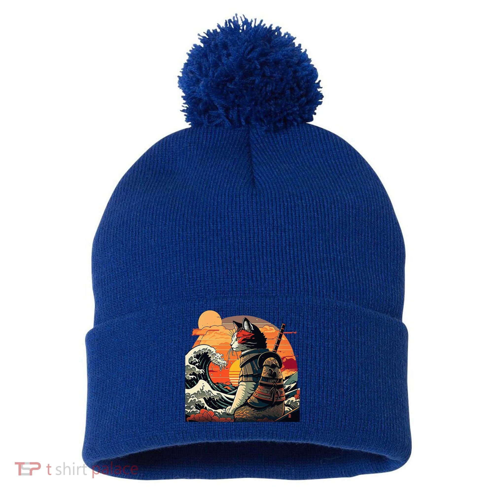 Japanese Retro Samurai Cat The Great Wave By Hokusai Pom Pom 12in Knit Beanie