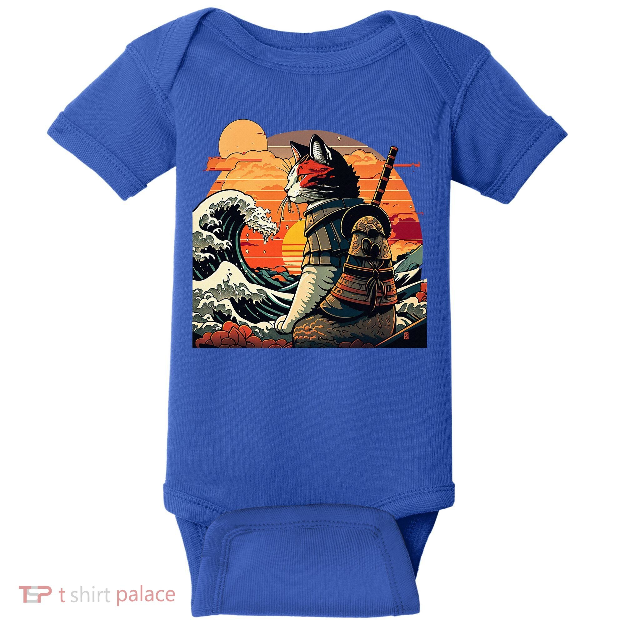 Japanese Retro Samurai Cat The Great Wave By Hokusai Baby Bodysuit