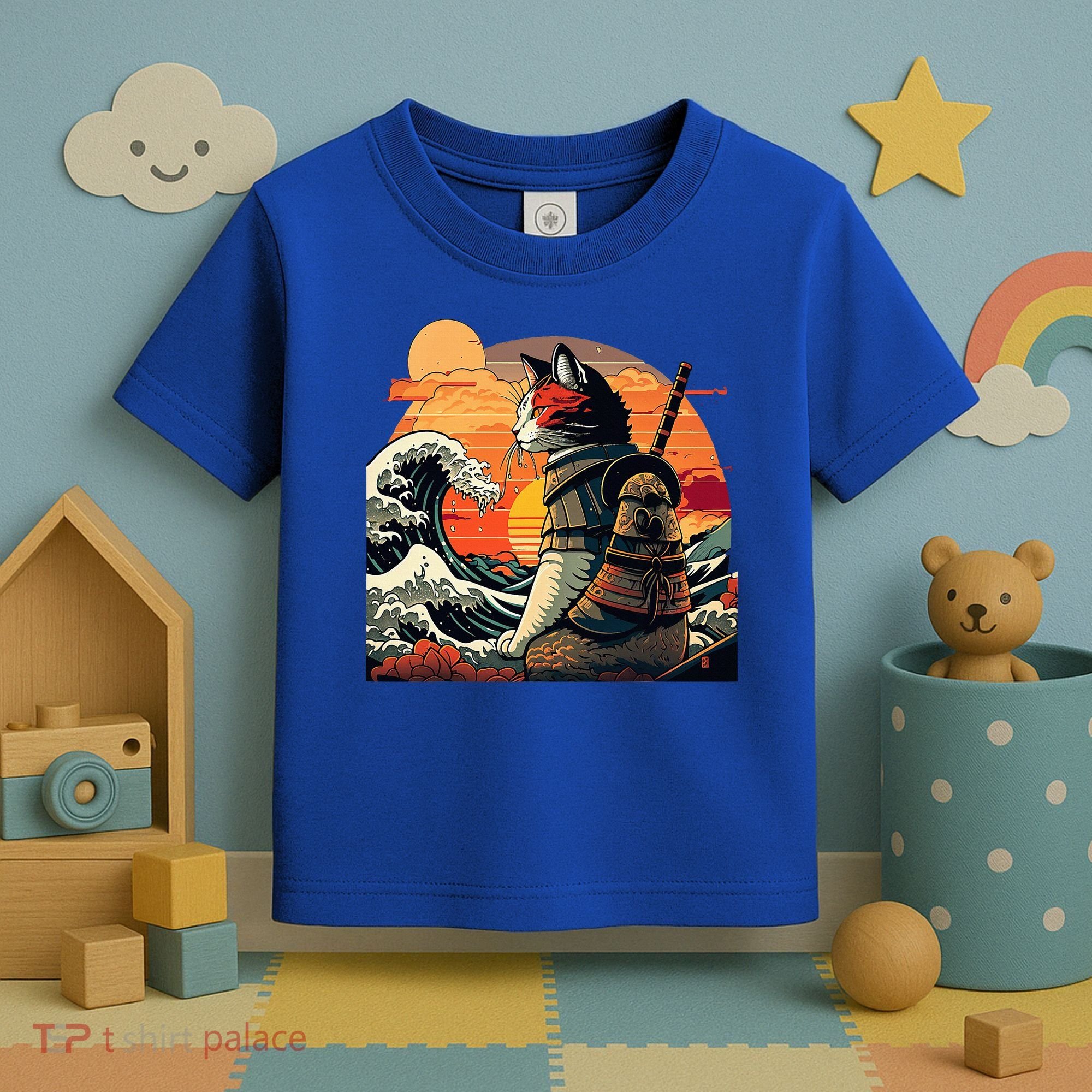 Japanese Retro Samurai Cat The Great Wave By Hokusai Toddler T-Shirt