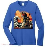 Japanese Retro Samurai Cat The Great Wave By Hokusai Women's Long Sleeve Shirt thumb 0