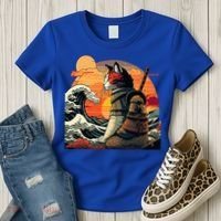 Japanese Retro Samurai Cat The Great Wave By Hokusai Women's T-Shirt thumb 3