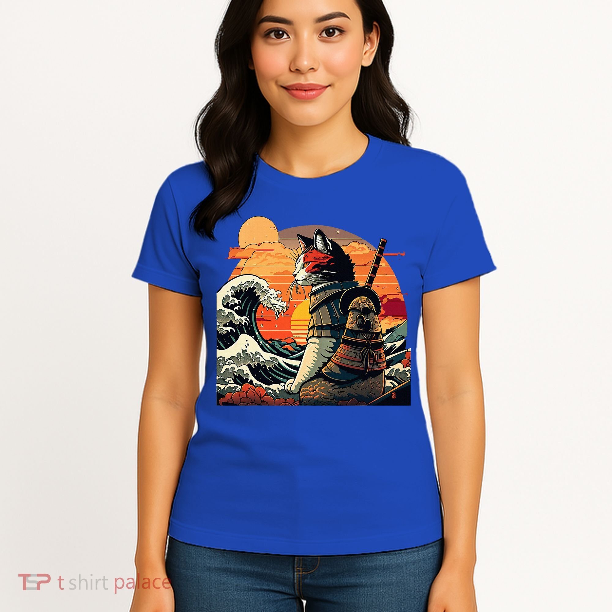 Japanese Retro Samurai Cat The Great Wave By Hokusai Women's T-Shirt