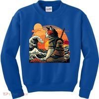 Japanese Retro Samurai Cat The Great Wave By Hokusai Kids Sweatshirt thumb 0