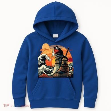 Japanese Retro Samurai Cat The Great Wave By Hokusai Kids Hoodie