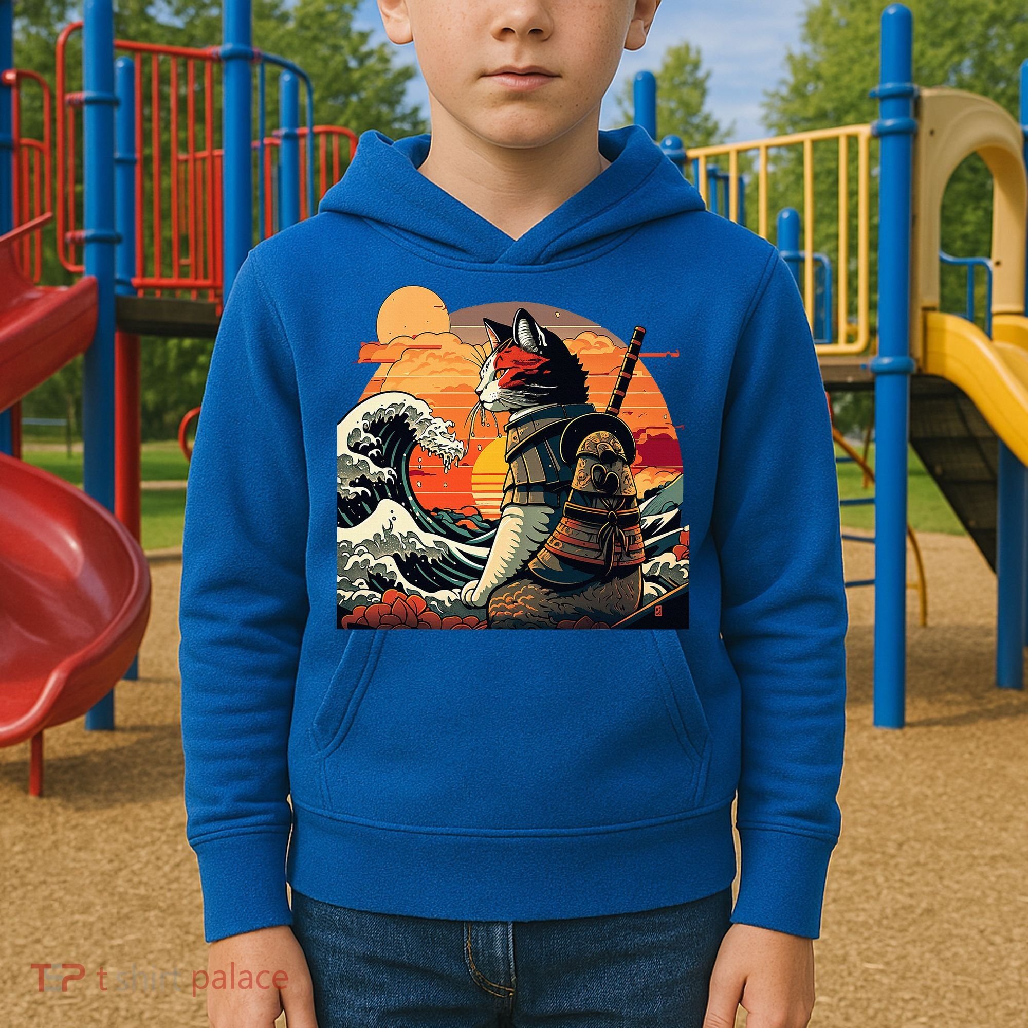 Japanese Retro Samurai Cat The Great Wave By Hokusai Kids Hoodie