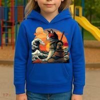 Japanese Retro Samurai Cat The Great Wave By Hokusai Kids Hoodie thumb 3