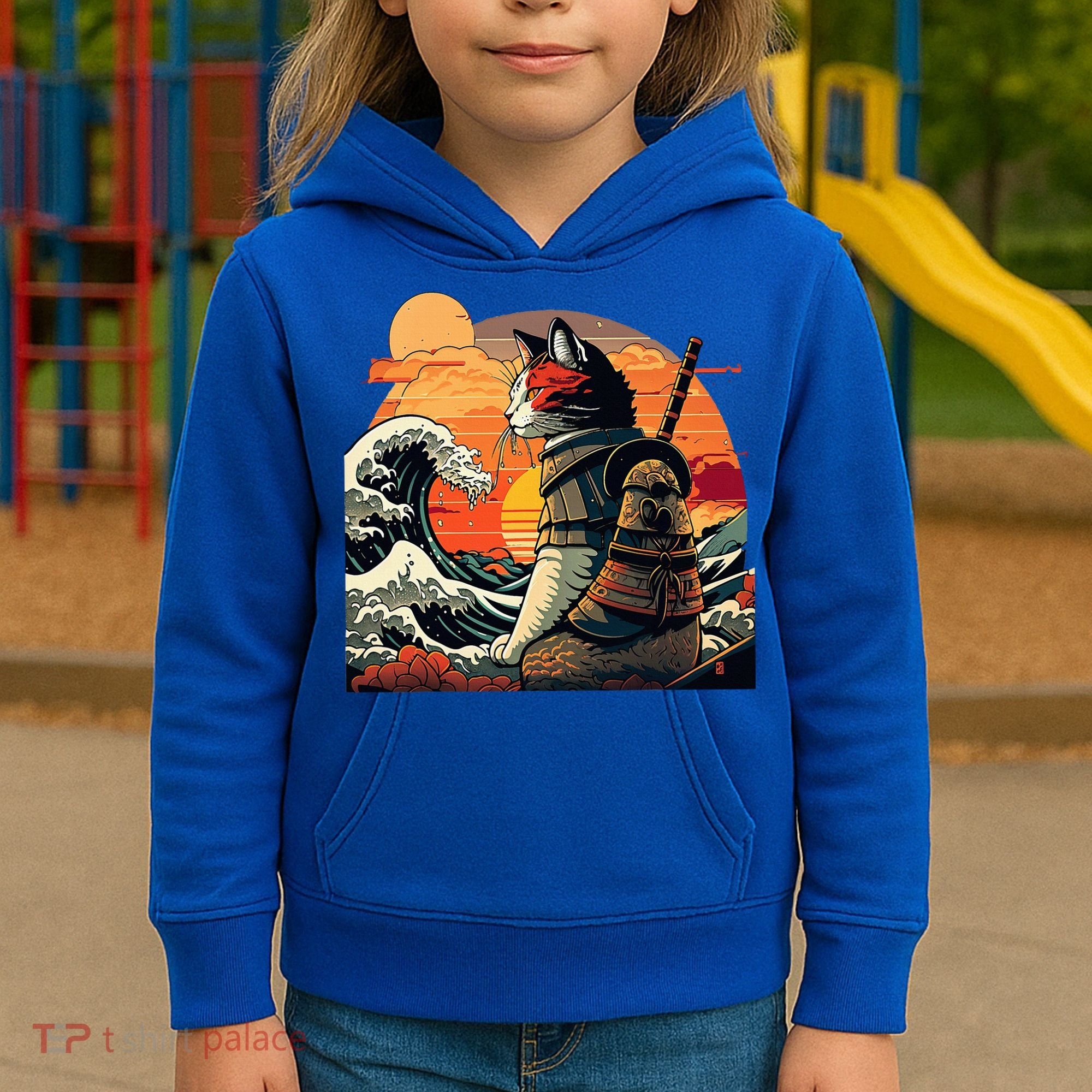 Japanese Retro Samurai Cat The Great Wave By Hokusai Kids Hoodie