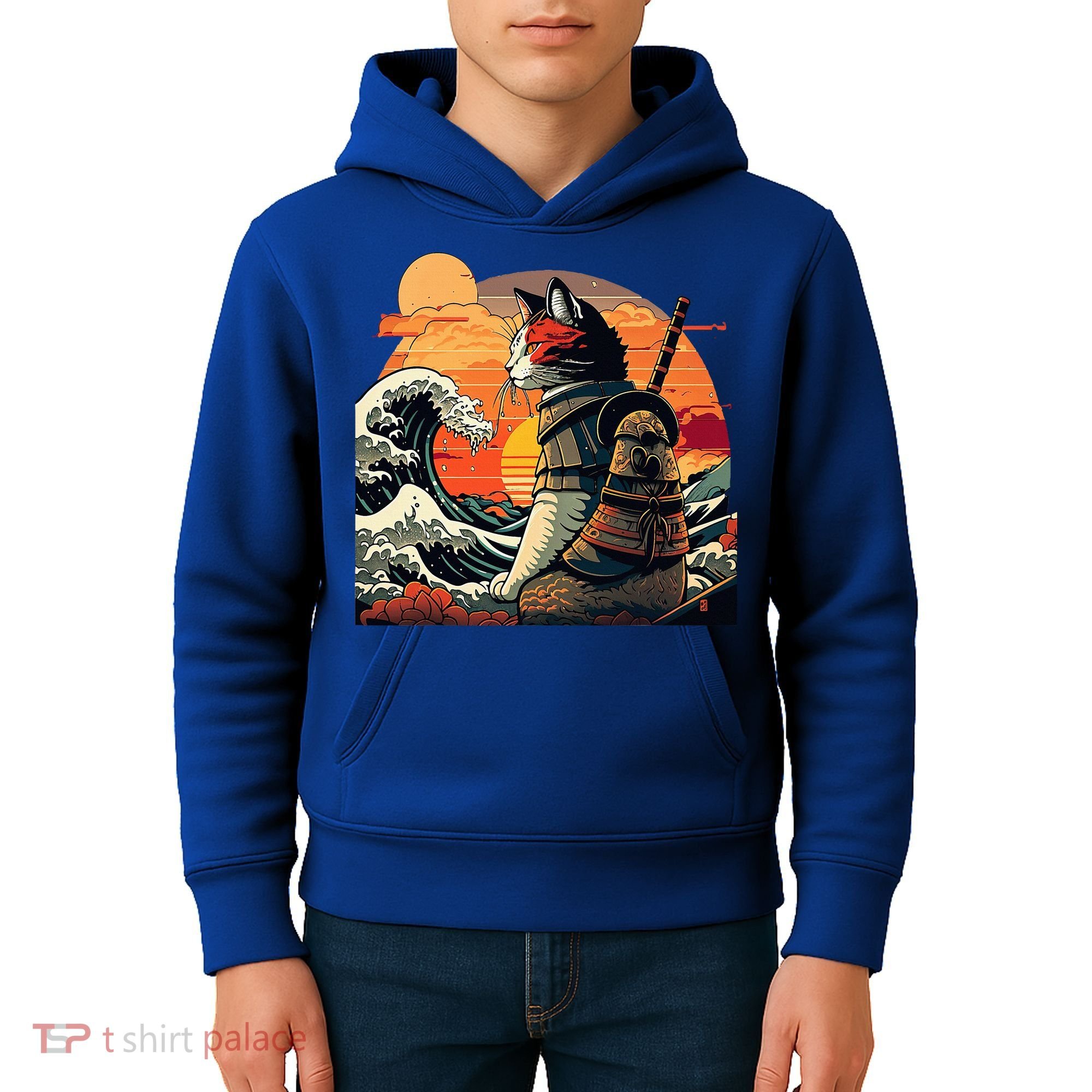 Japanese Retro Samurai Cat The Great Wave By Hokusai Kids Hoodie