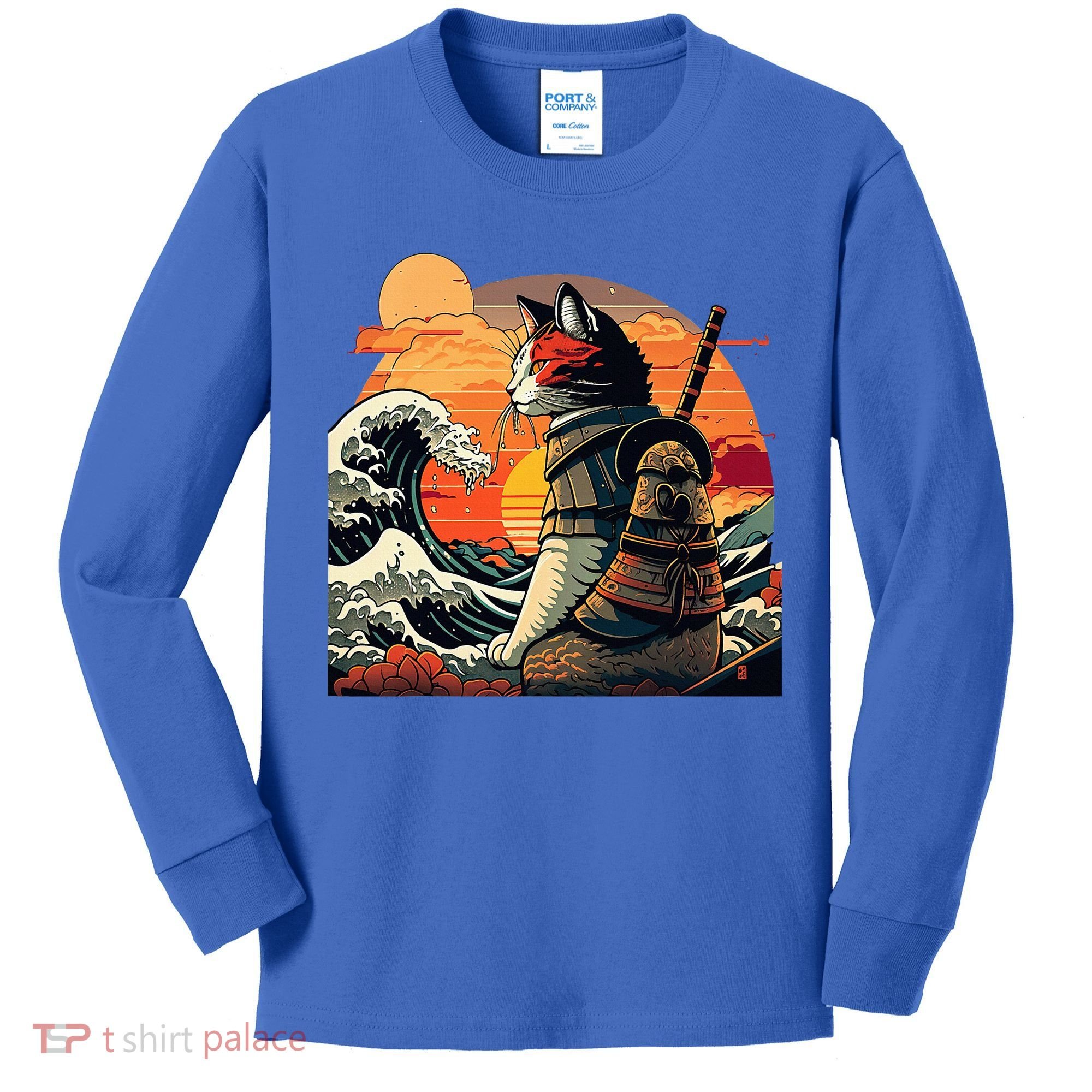 Japanese Retro Samurai Cat The Great Wave By Hokusai Kids Long Sleeve Shirt