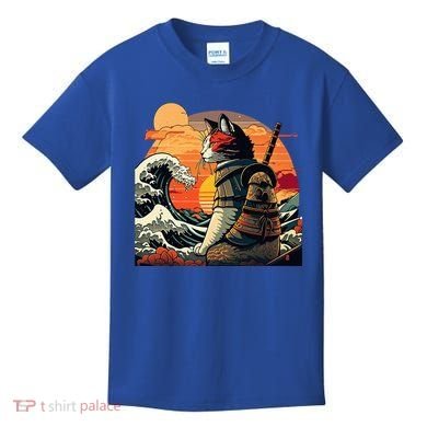 Japanese Retro Samurai Cat The Great Wave By Hokusai Kids T-Shirt
